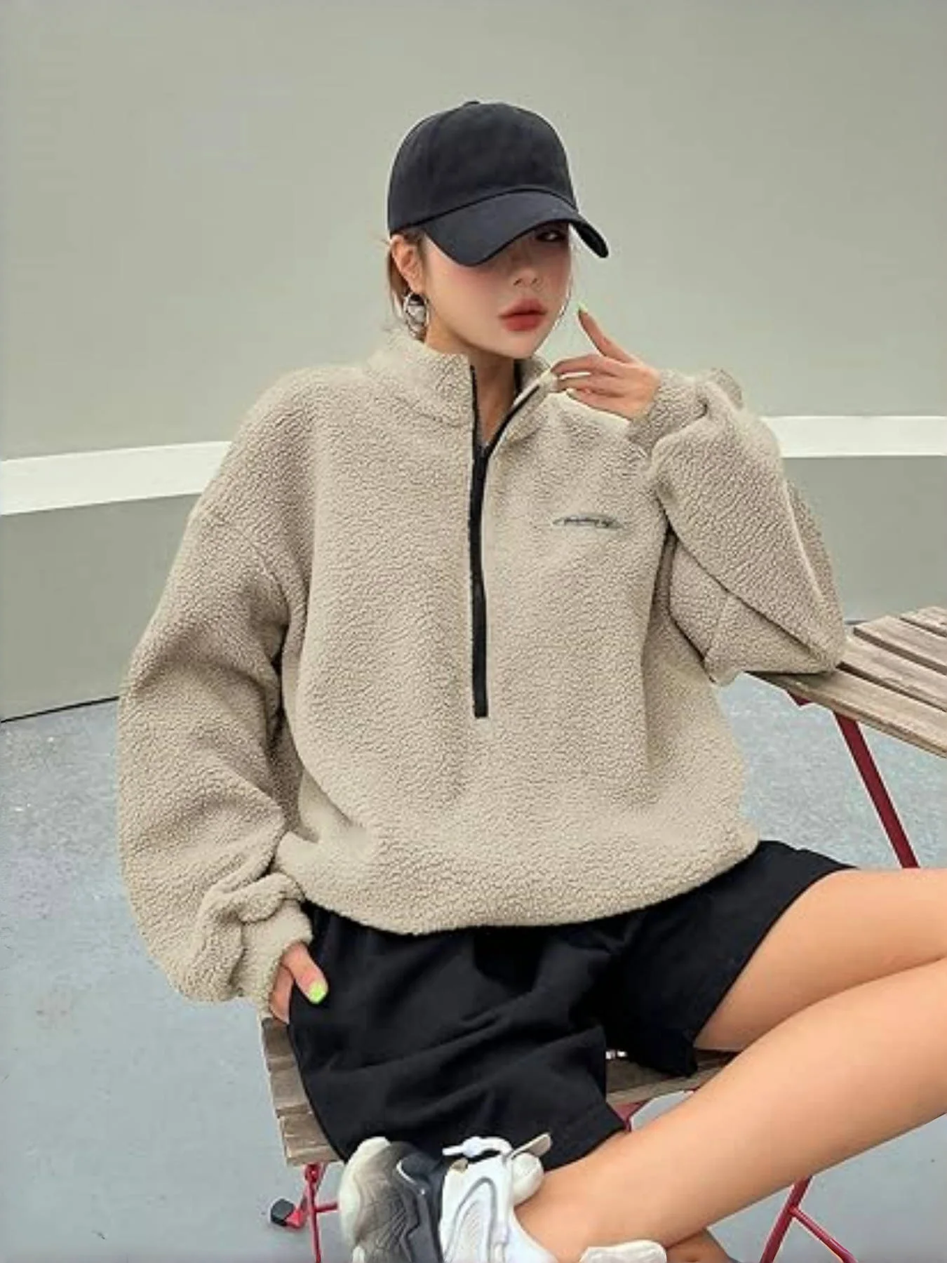 Autumn Winter Women Fleece Pullover High Neck 1/4 Zip Sweatshirts Retro Badge Green Loose Warm Teddy Outwear Harajuku Clothing