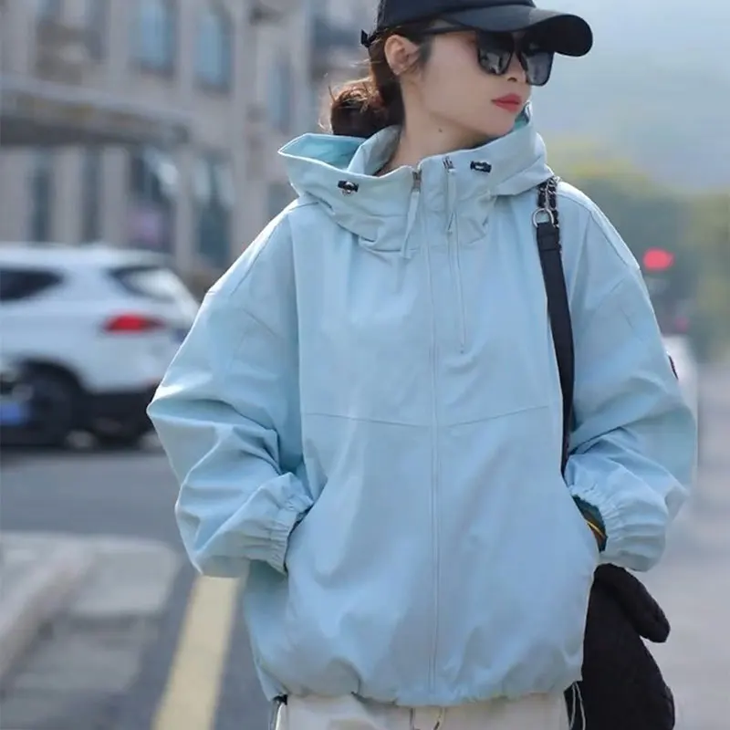 Women's Casual Hooded Windbreaker Jacket 2026 New Multi-color Loose Outdoor Coat Fashion Streetwear Windproof Zipper Jacket