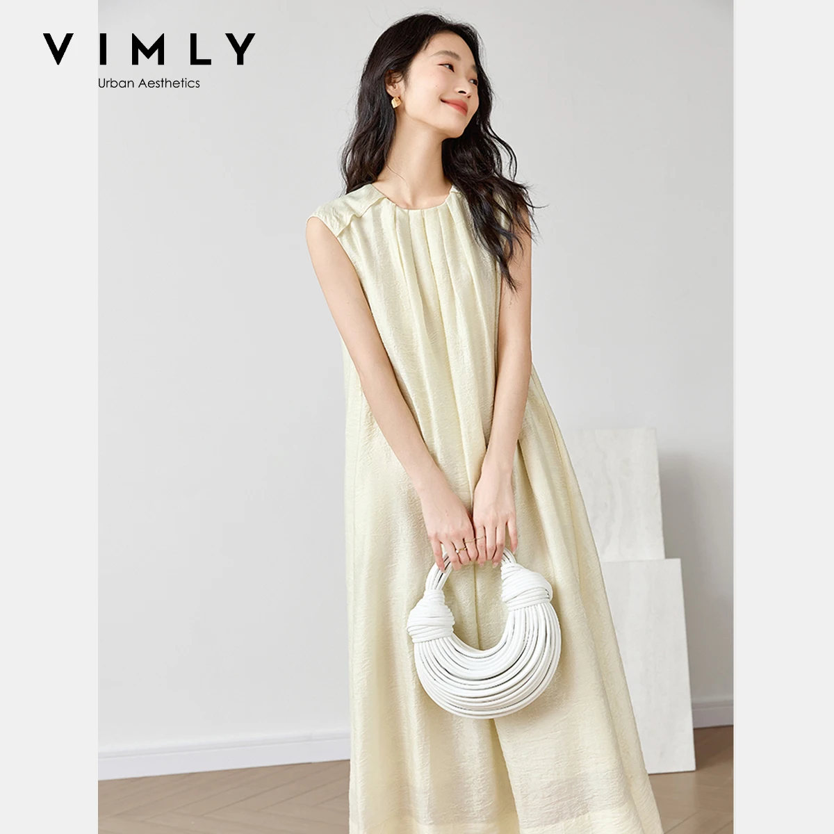 

VIMLY Summer Long Dresses 2025 Woman Elegant Lady Vacation Lyocell Blend Jacquard Sleeveless Loose Waist Belted Tank Dress M9608