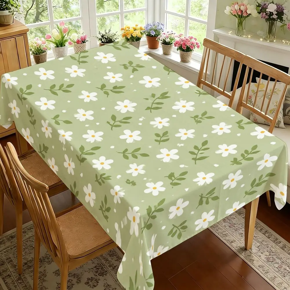 Sage Green Daisy Floral Rectangular Tablecloth, Farmhouse Style Table Cover, Washable Fabric for Dining Room, Kitchen, Home Decor, Wedding, Rustic Party, Spring And Summer Tabletop, Durable And Easy Care