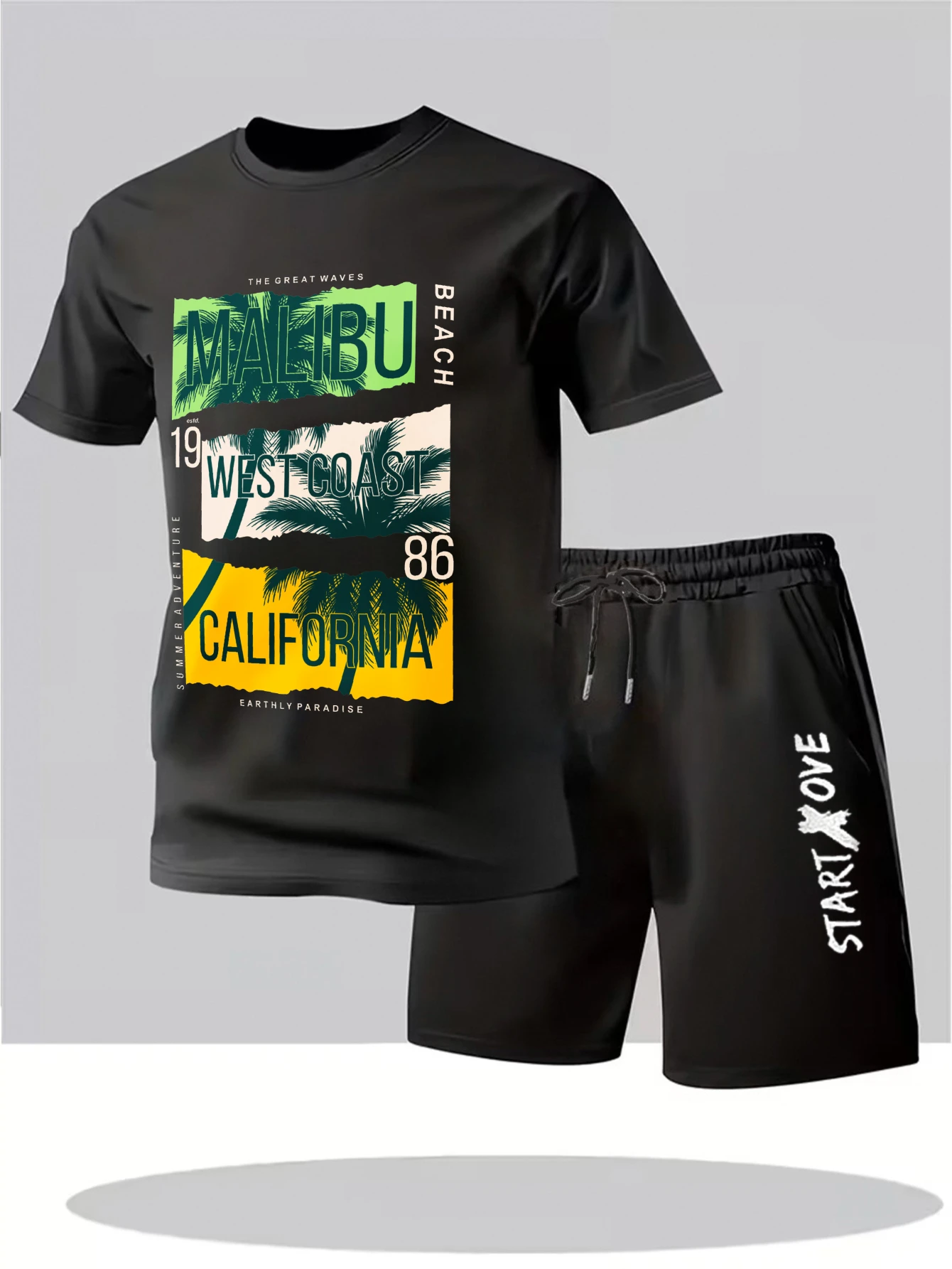 

Мужской летний комплект 2025: тонкий костюм-двойка с принтом, полиэстер, графический дизайн, свитшот и брюки