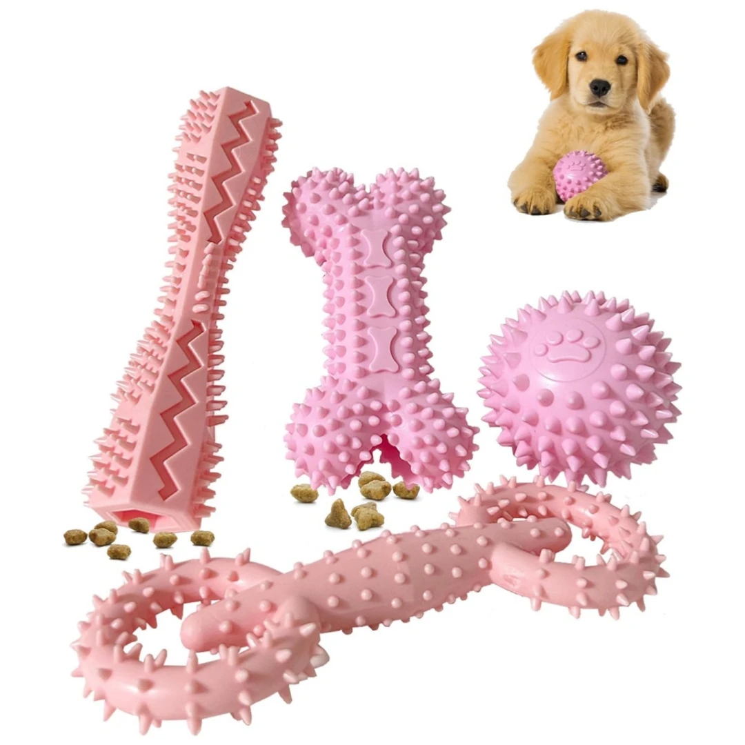 4-piece set of puppy toys, pet dog chewing toys, puppy teeth cleaning toys, food distribution, soft rubber bone fun balls, inter
