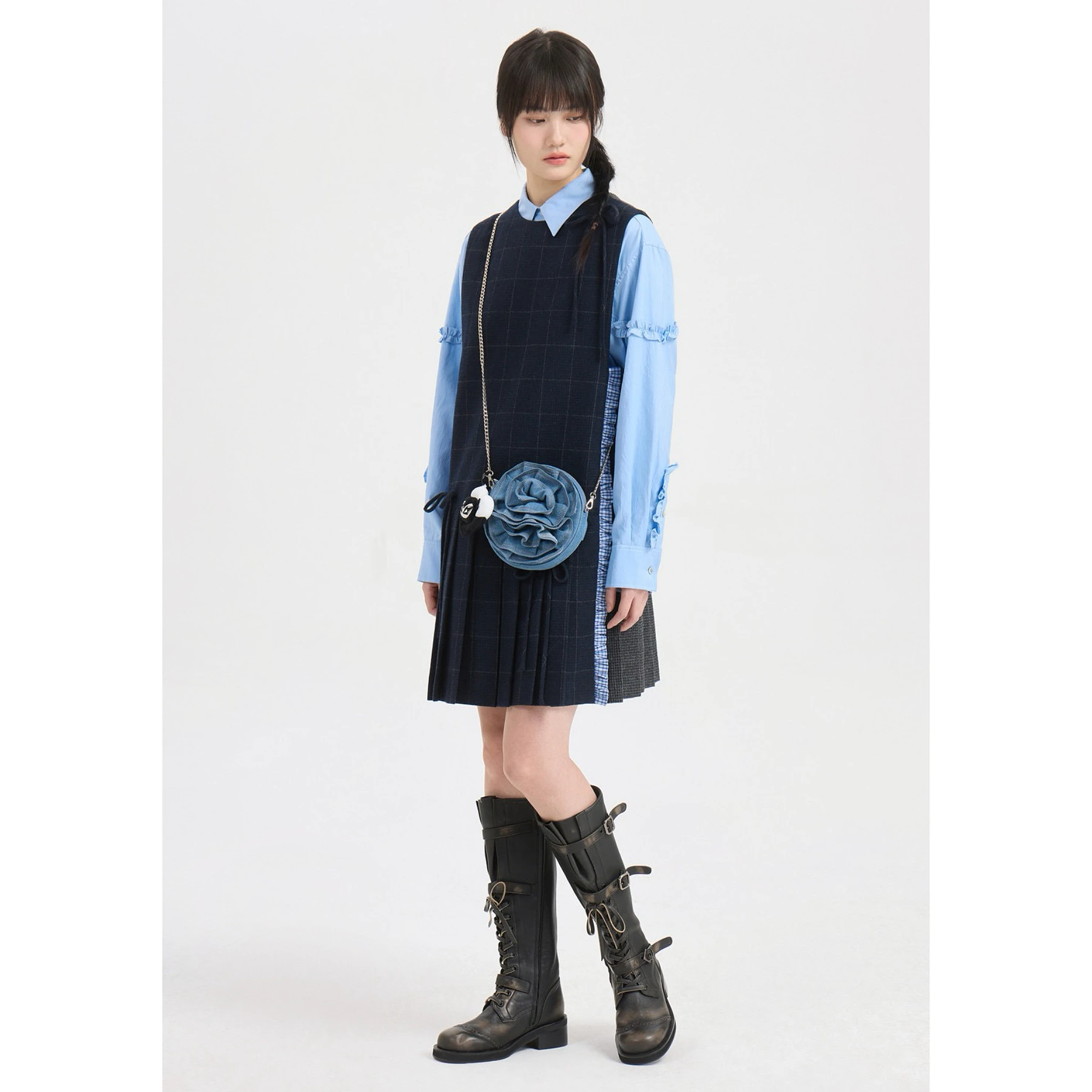 Lemon Cheese LUC26 Spring round Neck  Knot Design Splice Pleated Vest Style Dress Casual H Version City Commute Dress