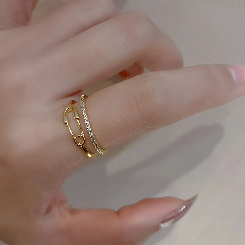 LIVVY Silver Color Pin Open Adjustable  Double Layer Ring  for Women Couple Fashion Shine  Zircon  Jewelry Gifts