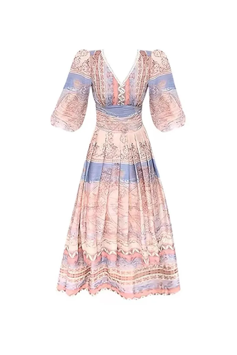 Romantique Ele ort pause thé vacances nautiques Sle Dr taille cintrée jupe Midi V Ne Polyester printemps automne Dr