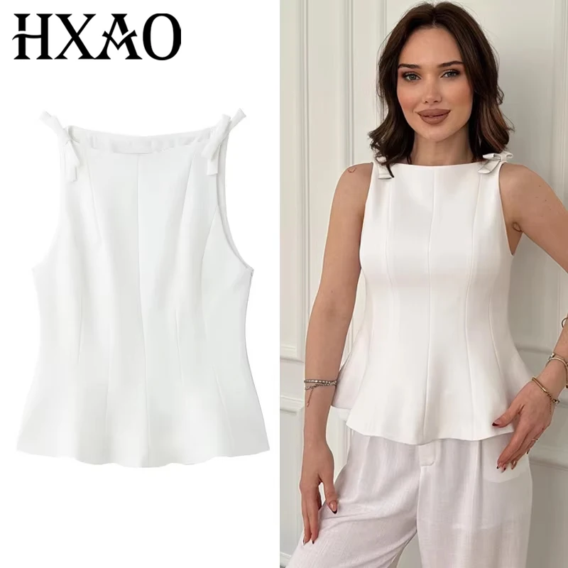 HXAO Tank Top Frauen Bogen Rüschen Saum Zipper Ärmellose Tops Frauen Sommer 2025, Chic Büro Tragen Elegante Weiße Pendler Damen Top