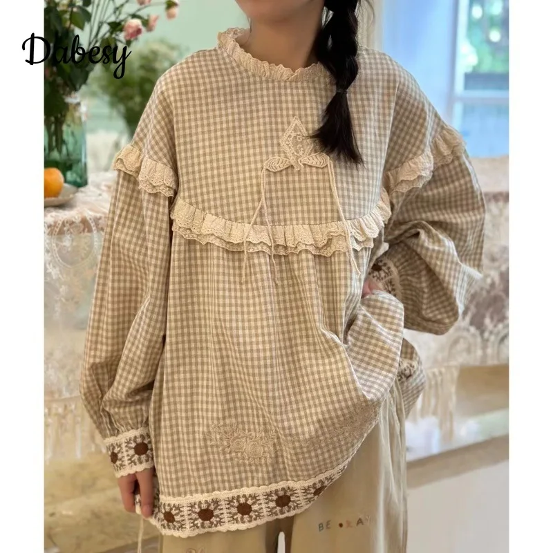 Vintage Embroidery Plaid Blouse For Women Autumn Japanese Mori Girl Long Sleeve Lace Ruffle Shirt Casual Loose Top Ropa De Mujer