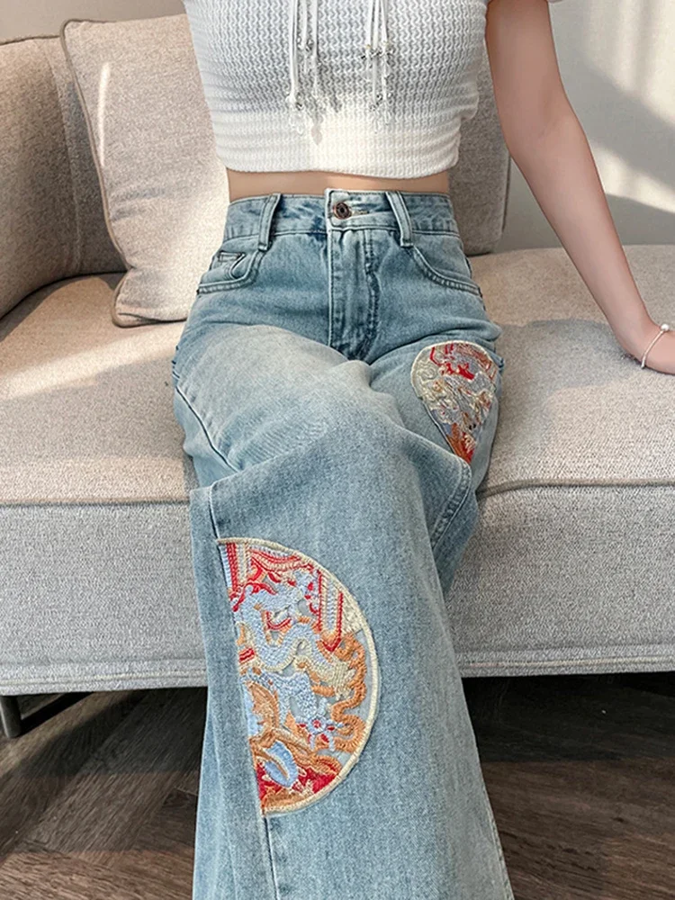 Vintage Embroidered Straight Jeans New Chinese Style Casual Loose Denim Pants Women High Waist Vaqueros Streetwear Kot Pantolon