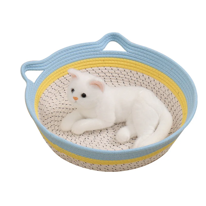

Cotton Linen Woven Cat Bed Dog Bed All Season Use Removable Washable Pet Nest Cat Mat Blue Cat Ear Design Woven Pet Supplies