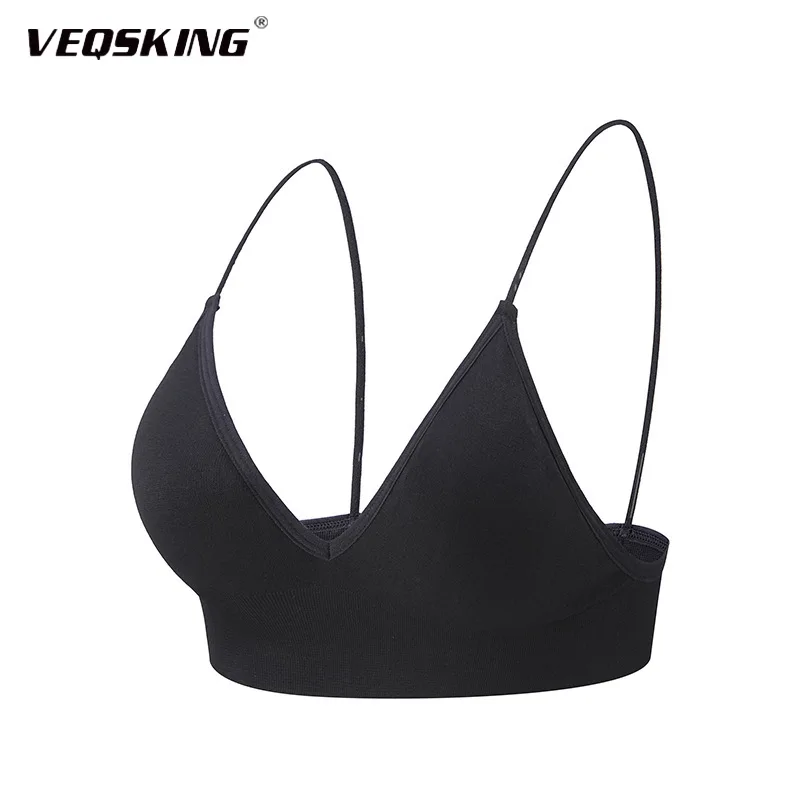 VEQSKING Deep V Women Yoga Bras, Seamless Sports Tops, Quick Drying Gym Fitness Bra, Thin Straps Workout Running Bra No Wire