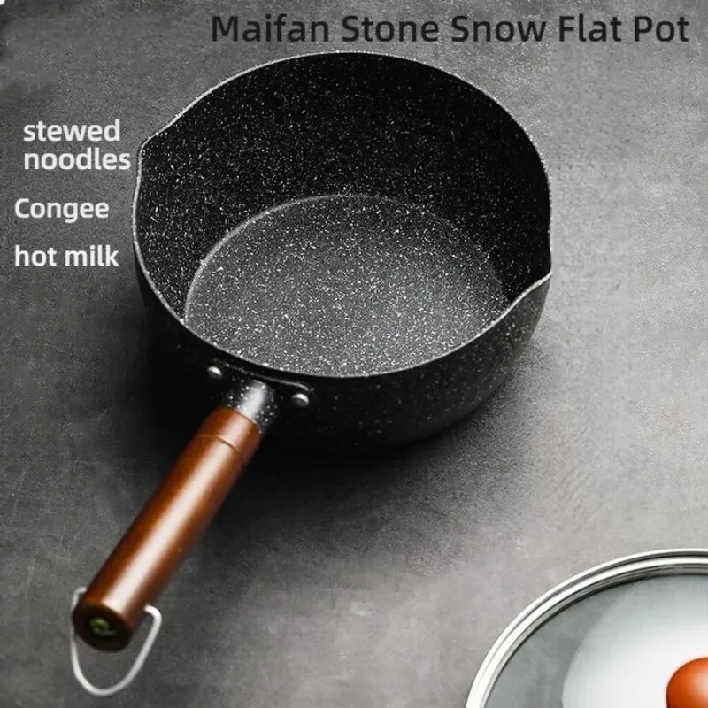 

Non-Stick Milk Pot Wood Handle Universal Soup Pot Japanese Style with Lid and Pour Spout Cooking Saucepan Baby Food