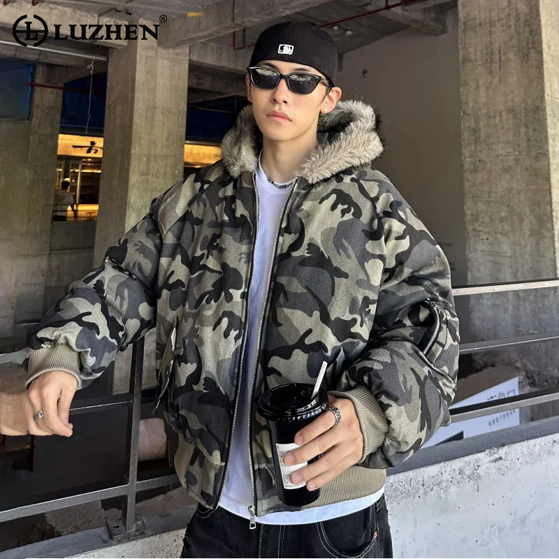 

LUZHEN 2025 зимнее новое стеганое пальто с камуфляжным принтом и меховым капюшоном, мужская модная уличная оригинальная куртка-парка высокого качества JY4916