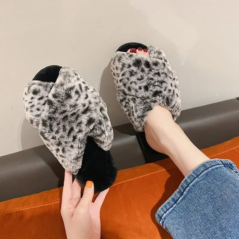 Winter Women Slippers Home Cotton Shoes Furry Warm Faux Fur Fashion Cozy Indoor Floor Slides Slip on Leopard Luxury Shoes Female