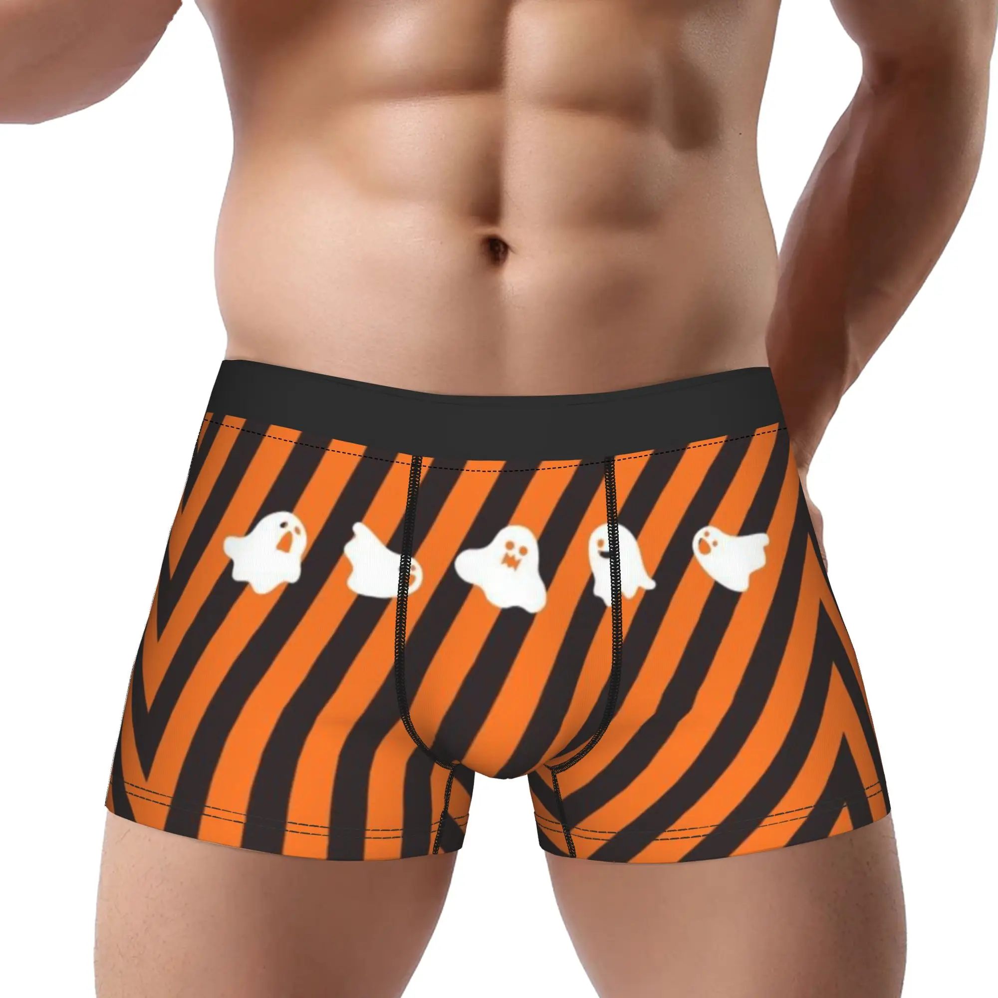 Orange Black Stripe Ghost Pattern Print  Underpants Breathbale Panties Male Underwear Comfortable Shorts Boxer Briefs
