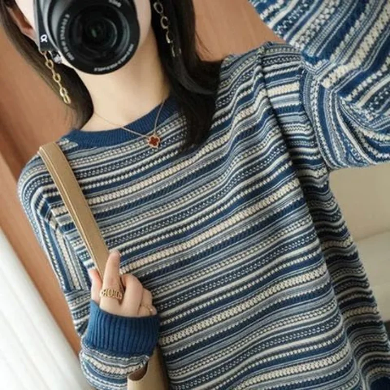 Stripe Knitted Backing Sweater Versatile Women Spring and Autumn 2023 O Neck Casual Loose Wool Sweater Pullover Female Top