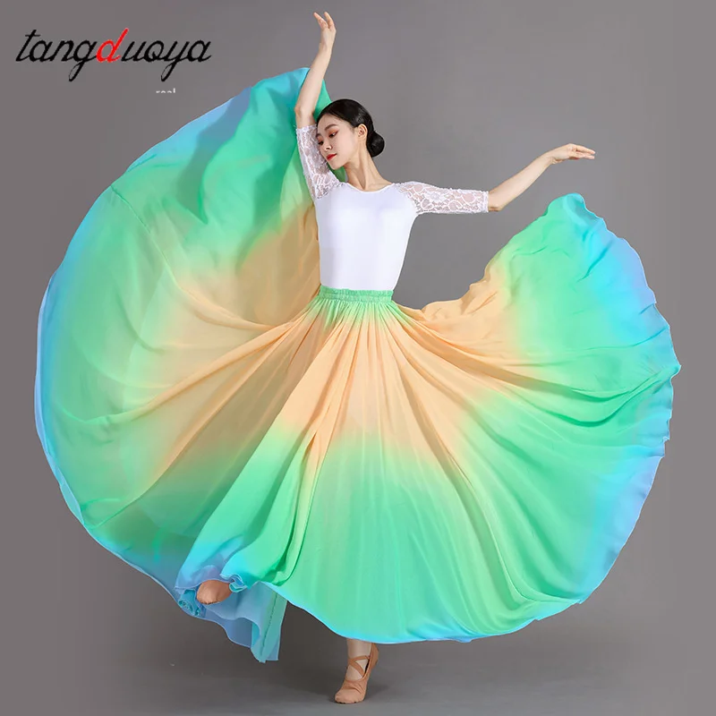 Gradient Color Dance Skirt Eleganc Women's Square Dancing Perform Maxi skirts Elastic-waist Big-hem Chiffon A-line Skirts