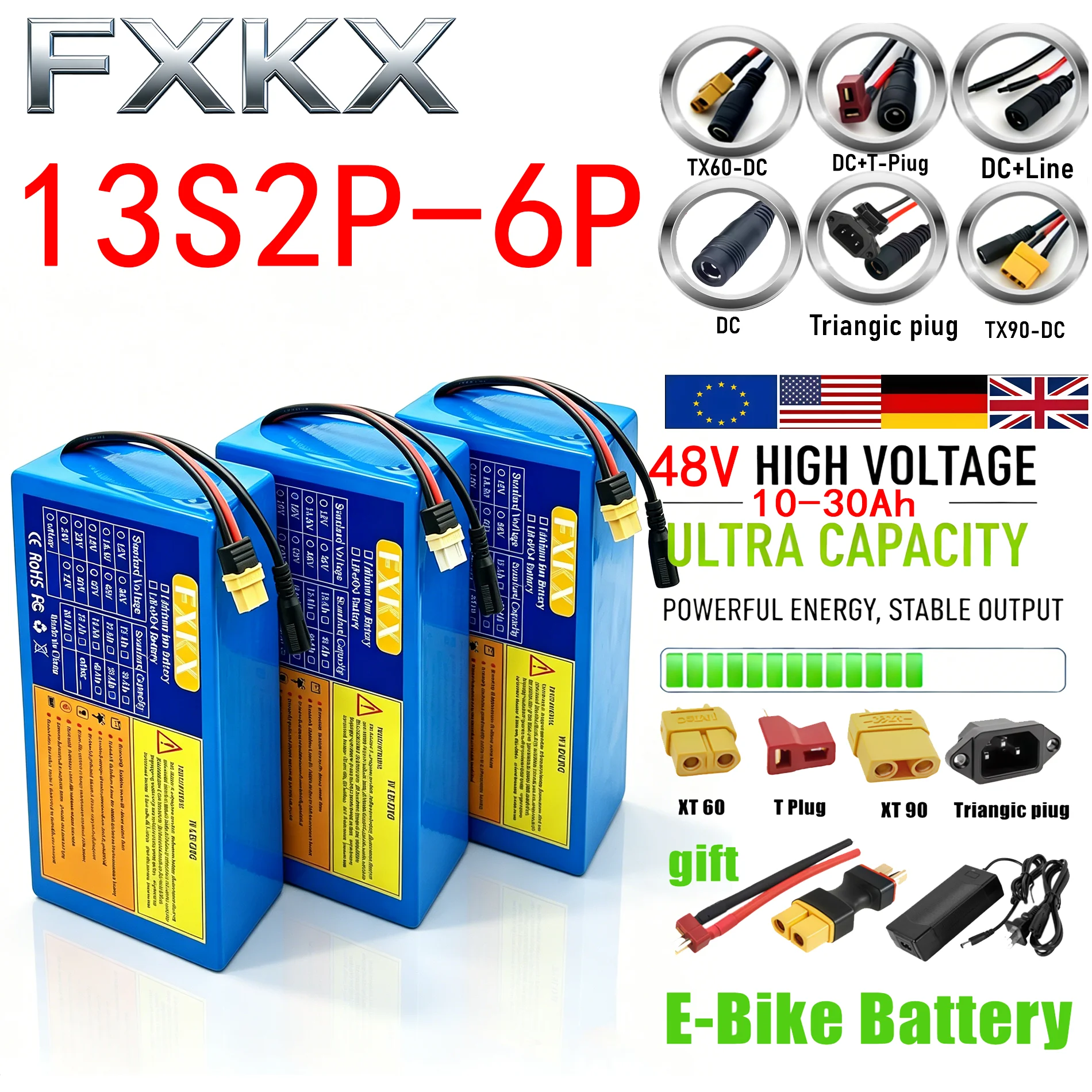 48V 10-30Ah 13S2P 13S5P Lithium Battery Pack with Built-in BMS 1000W 1500W Motorcycle Motor Rechargeable Battery