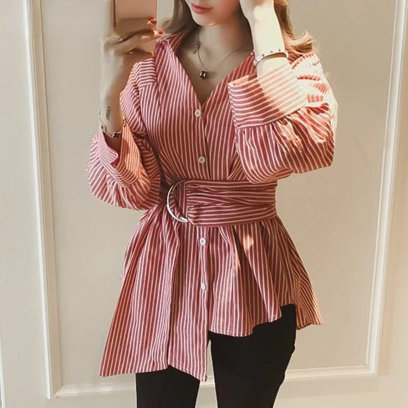 

Women's Korean Fashion Lace Up Striped Blouse V Neck Asymmetrical Button Up Shirt Casual Long Sleeve Loose Tops Blusas P19