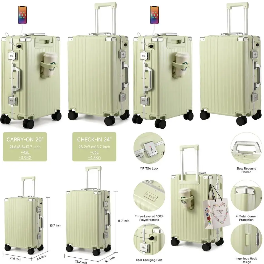 

20 алюминиевых ручных клади с твердым корпусом и 3-слойным ПК, колесами, подстаканником и USB-портом - ванильно-зеленый