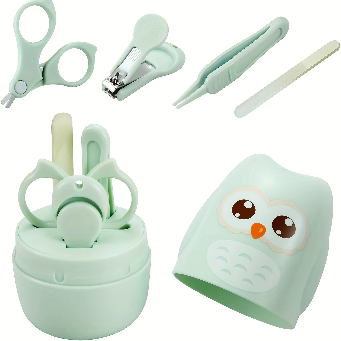 4pcs/set Baby Nail Manicure Pedicure Grooming Care Kit with Case | Newborn Infant Clipper Scissors File Tweezer(Green&Pink)