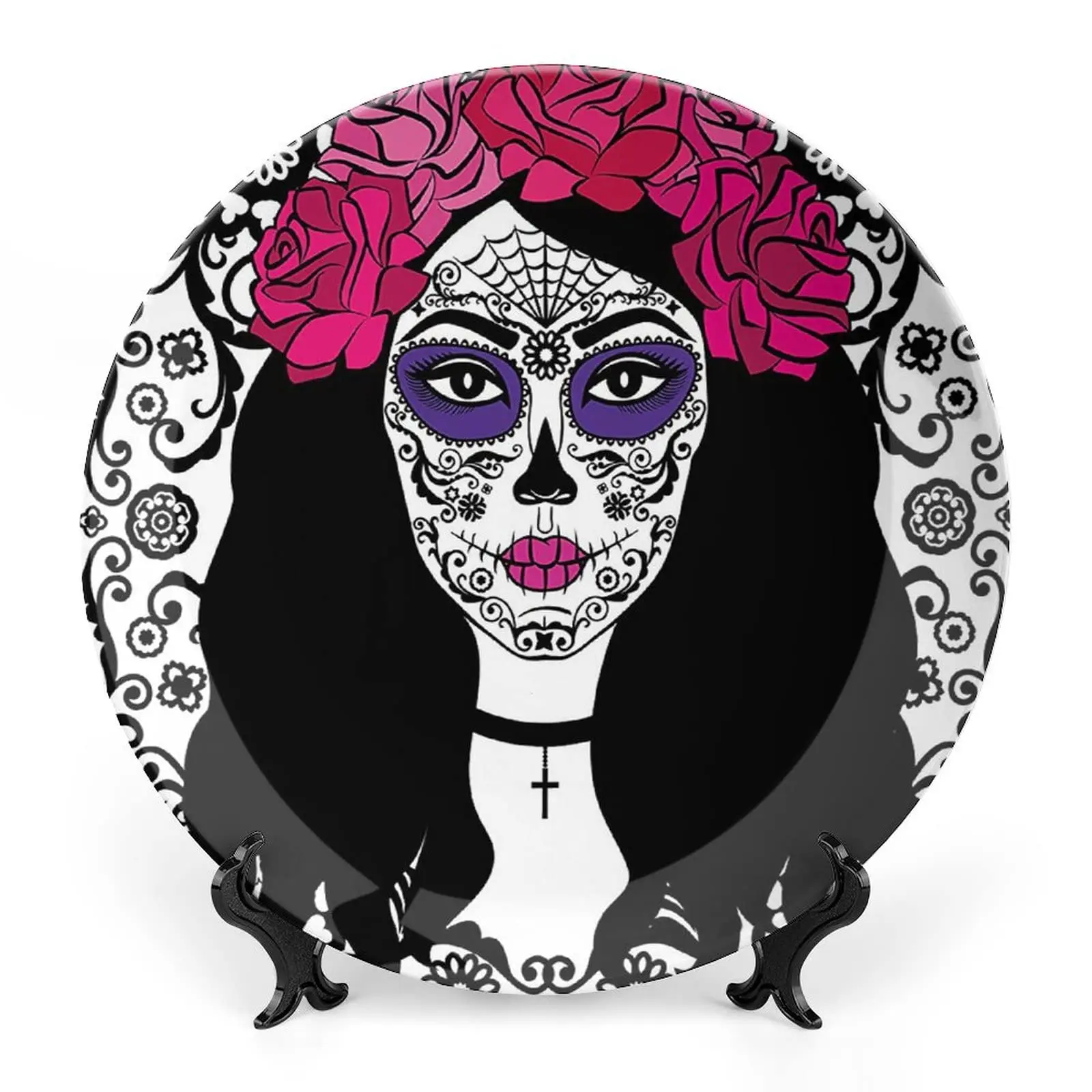 Talerz dekoracyjny, talerz stołowy z czaszką cukrową, dziewczyna z cukrową czaszką Makijaż Drukuj Ozdoba Wyświetlacz Talerz Dekoracyjny Akcesorium