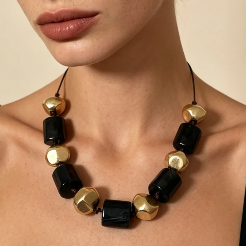 

Black & Gold Beaded Choker Necklace for Women Irregular Barrel & Faceted Beads Statement Jewelry