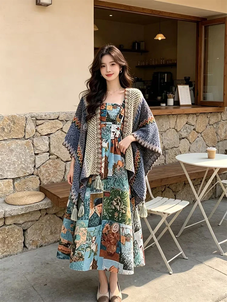 

Summer New Style Women's Fashion Color Block Shoulder Shawl Cardigan Slimming Waist Crop Top Long Skirt Two-Piece Set