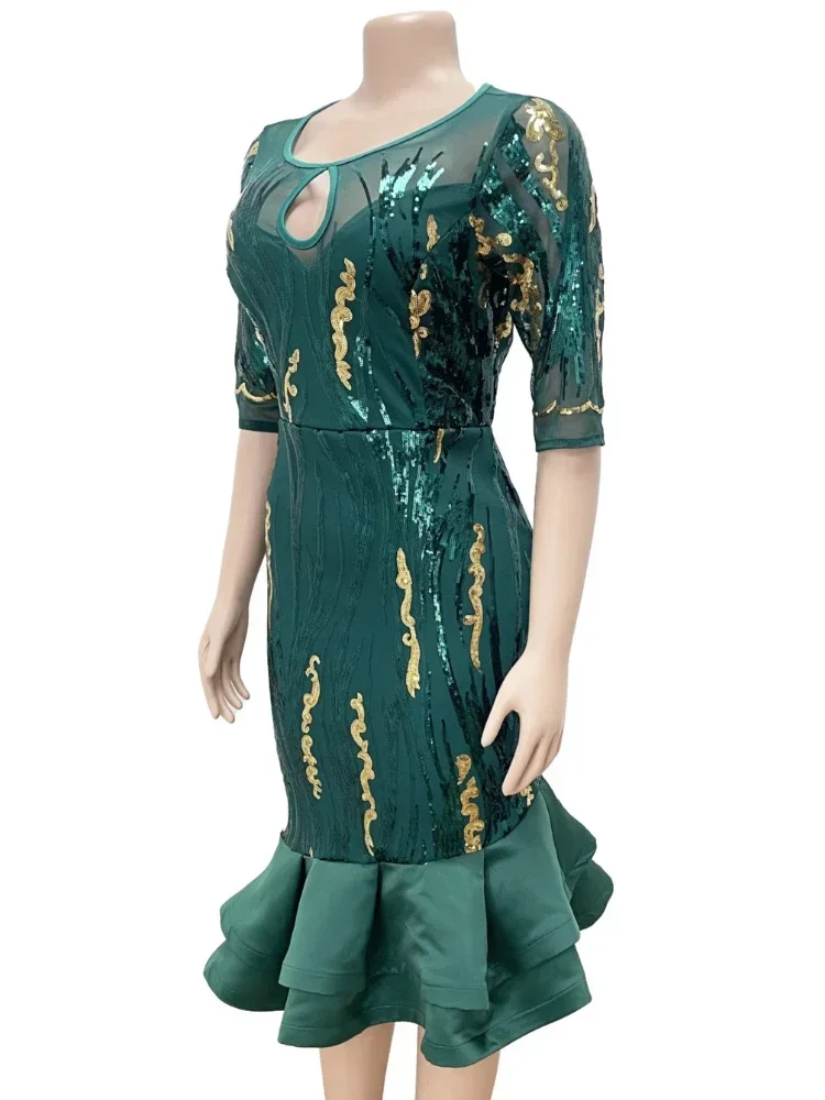 Robe de Soirée Verte à Paillettes pour Femme, Col Rond, Demi-Manche, Tambour à Paillettes, Queue de Poisson, Soirée, Anniversaire, Événement, Midi, 2024