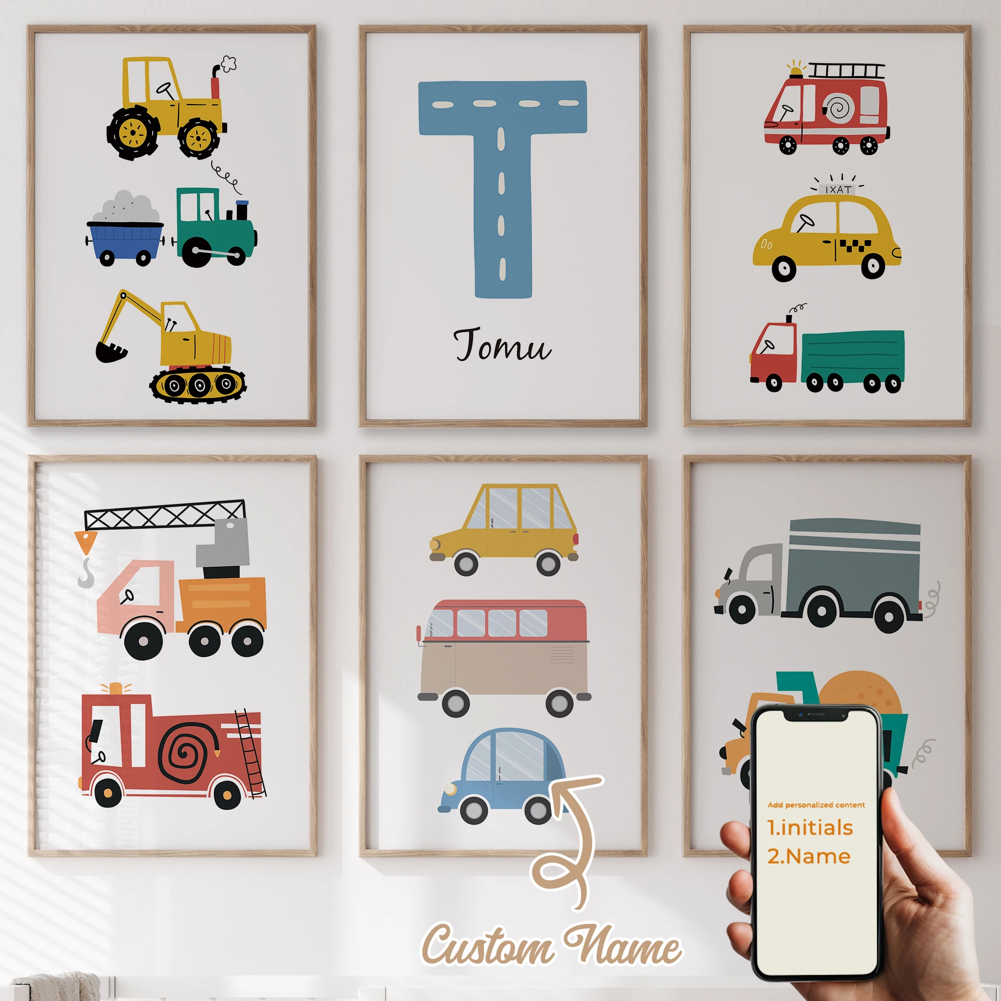

6pcs Personalized Custom Name Cartoon Child Car Wall Art Print Picture Canvas Poster Painting For Living Room Home Decor