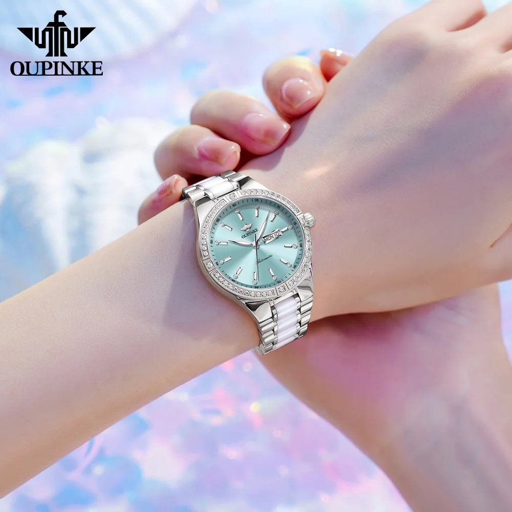 OUPINEK Luxury Brand Automatic Mechanical Wristwatch for Ladies Sapphire Mirror Ceramic Strap Dual Calendar Display Watches