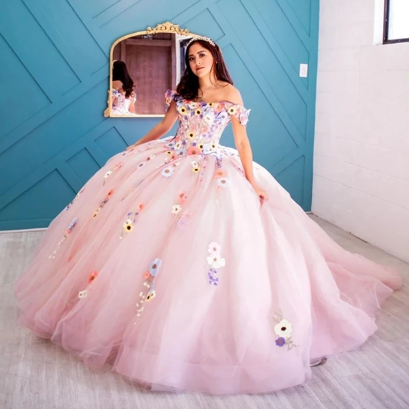 

Sparkly Pink Quinceanera Dresses XV Ball Gown Lace Applique Flower Off the Shoulder Princess Sweet 16 Dress Birthday Party Vesti