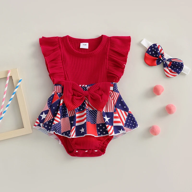 Infant Girls Sleeveless Tutu Romper with Ruffle Detail and Matching Headband Adorned with Flag Print Patchwork