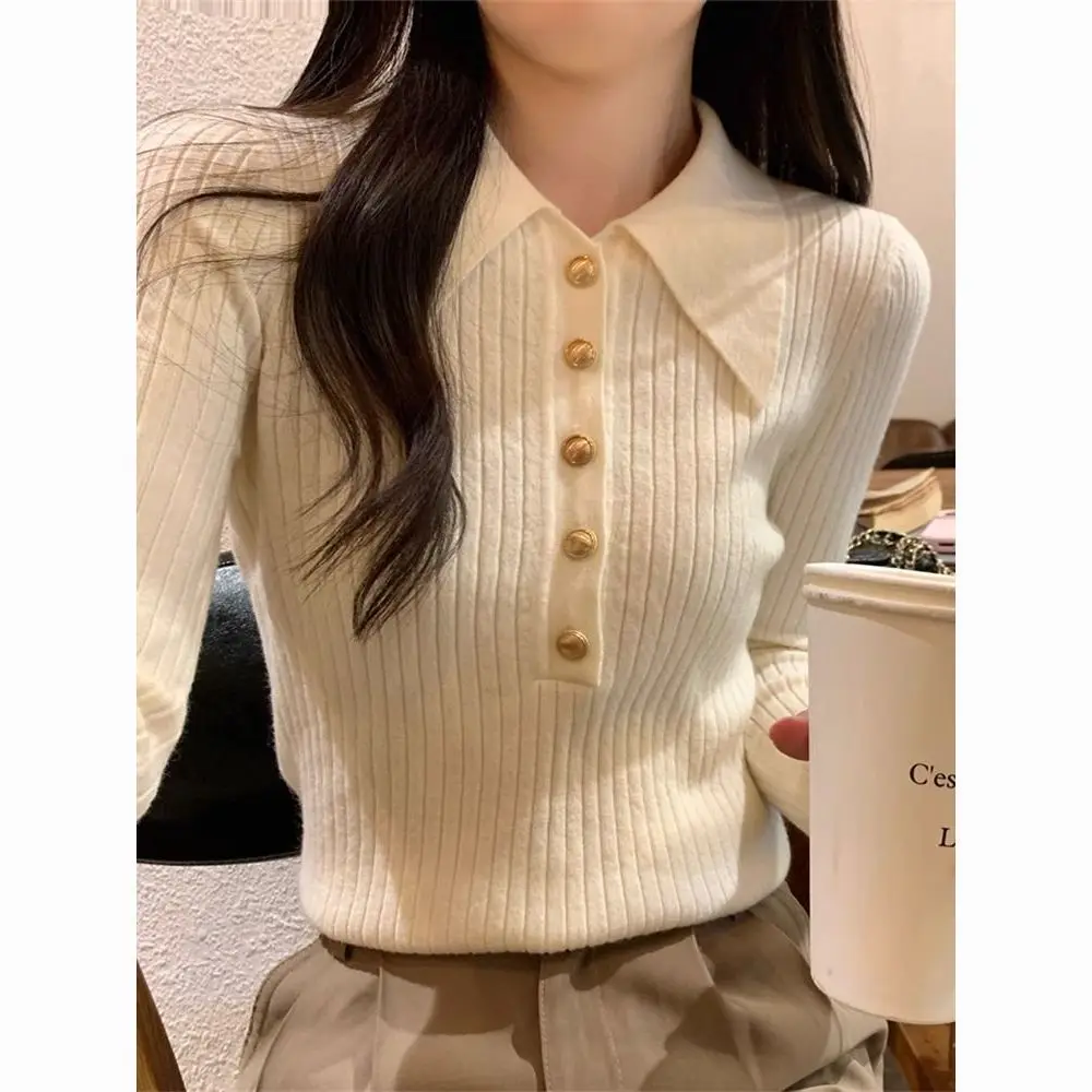 

Вязаный свитер с воротником Ele, металлическая пуговица, основа irt Sli, красивый модный костюм из полиэстера и хлопка Ciwalk