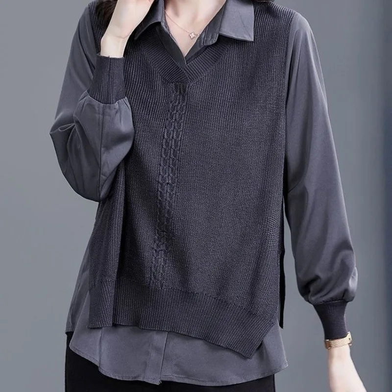 Spring and Autumn Women\'s Pullover Button Solid Color Splice Loose Fit Long Sleeve Sweater Underlay Casual Elegant Commuter Tops