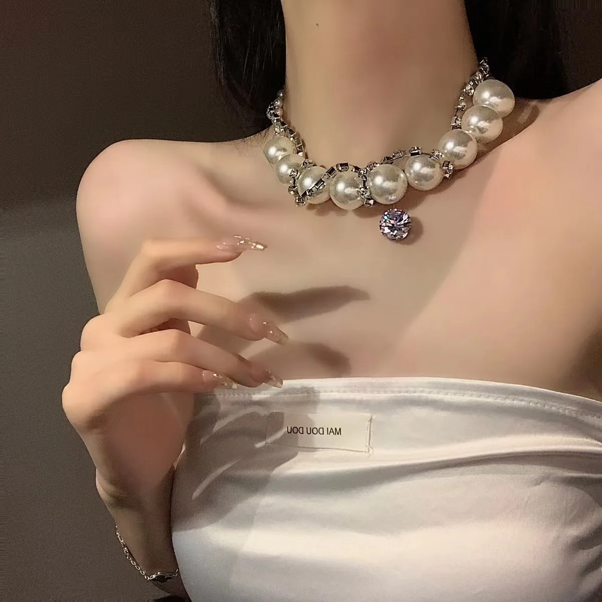 

Exaggerated Personality Geometric Large Pearl Necklace, Double-layer Light Luxury Zircon Collarbone Chain Design Neck Chain