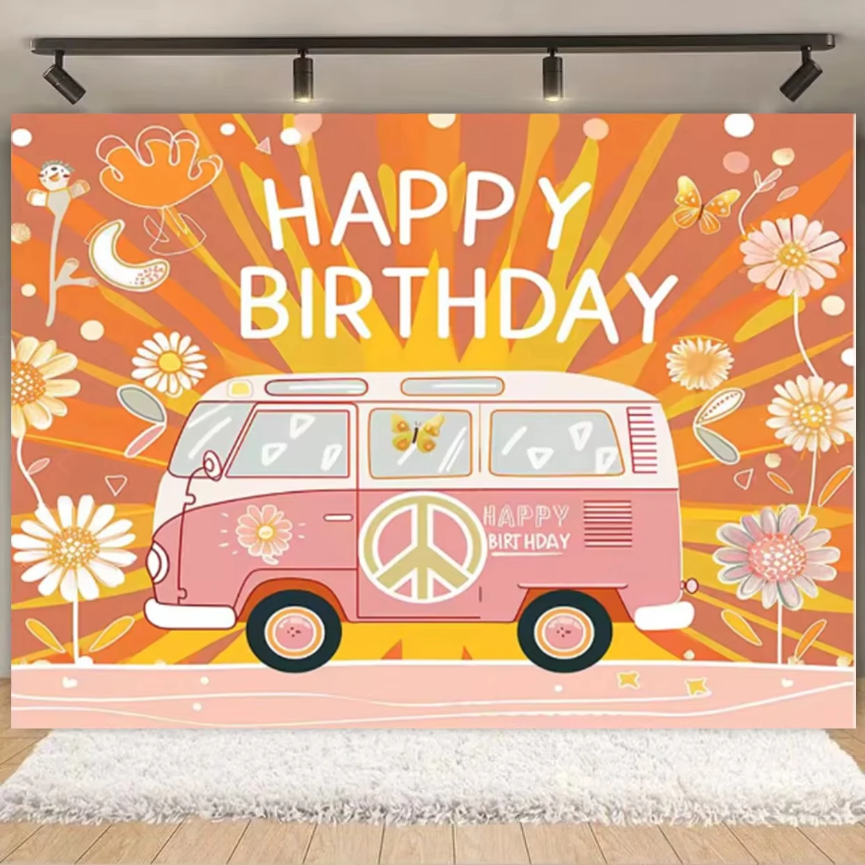 Pano de fundo para primeiro aniversário de meninas, boho, arco-íris, margaridas, ônibus, festa infantil, chá de bebê, cenário decorativo para fotografia