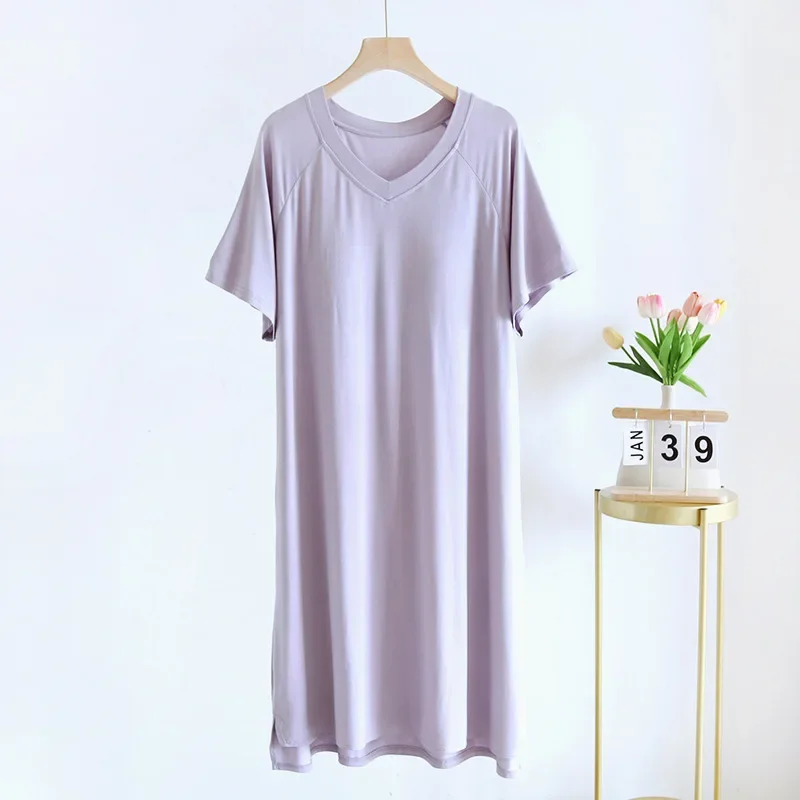 

Modal With Chest Padded Cup Short Sleeve Solid Color Household Sleepwear Dress Long Style Sexy Night Wears For Ladies Nightgowns