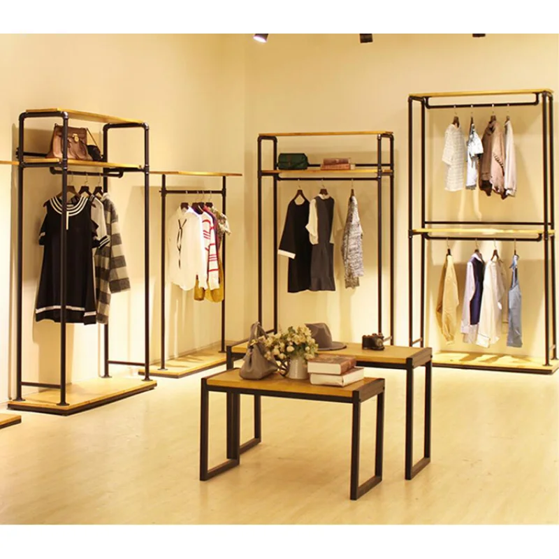 （customized）Fashion Store Clothing Rail Wooden Clothes Hanging Garment Rack Clothing Shop