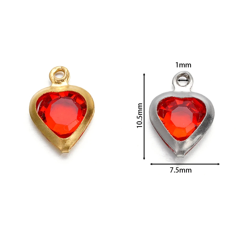 10pcs/Lot 7.5mm Stainless Steel Heart with Rhinestones Charms Pendants for Necklace Bracelet Pendant DIY Jewelry Making Supplies