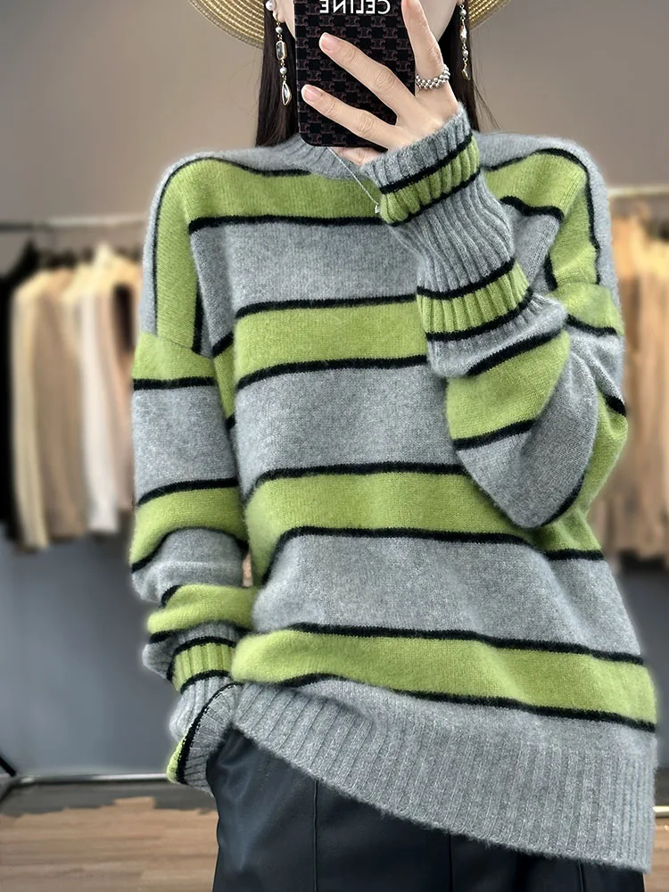 

Light Luxury Autumn Winter Women Sweater 100% Merino Wool Mock Collar KniJtted Pullover Striped Jumper Long Sleeve Clothing Top