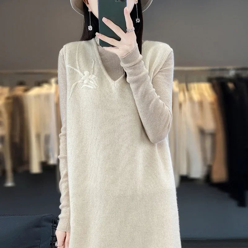 Women's Monochromatic Long V-Neck Cashmere Sweater Sleeveless Knitted Bottoming Shirt Wool Embroidered Vest for Autumn Winter - Image 4