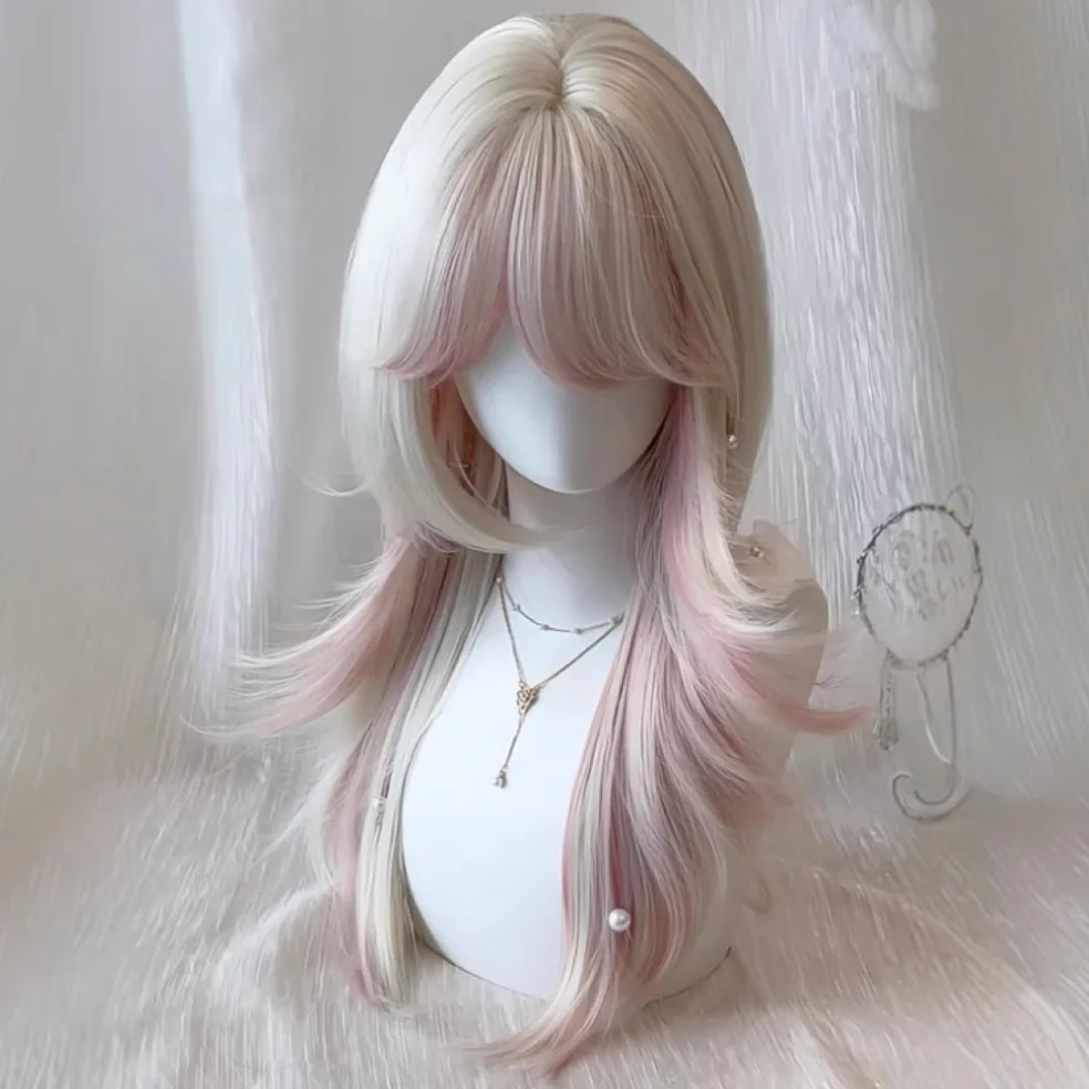 

Wig female bangs long straight hair jellyfish head beige gradual change light pink natural full head