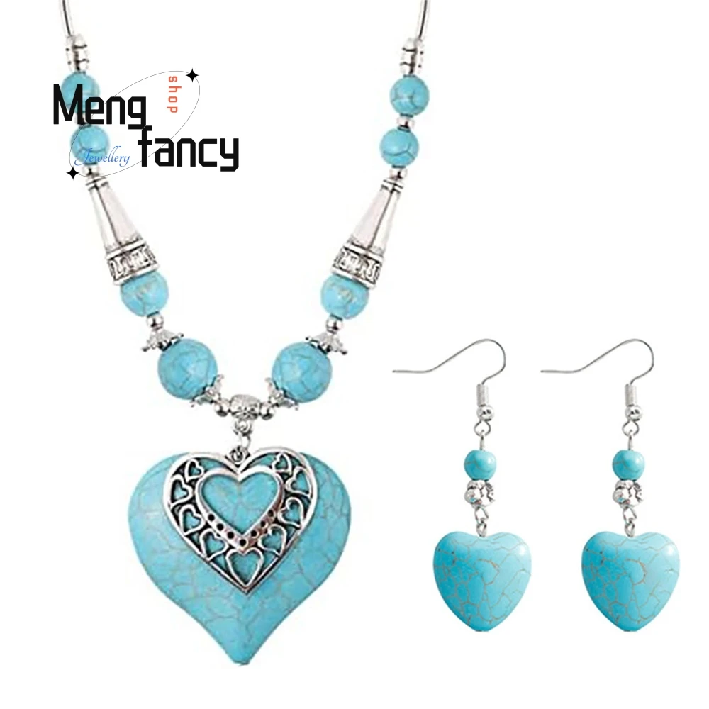 عالية الجودة البوهيمي الفيروز الرجعية القلب قلادة القرط مجموعة الأزياء والمجوهرات الفاخرة قلادة أفضل بيع رائعة أنيقة #2