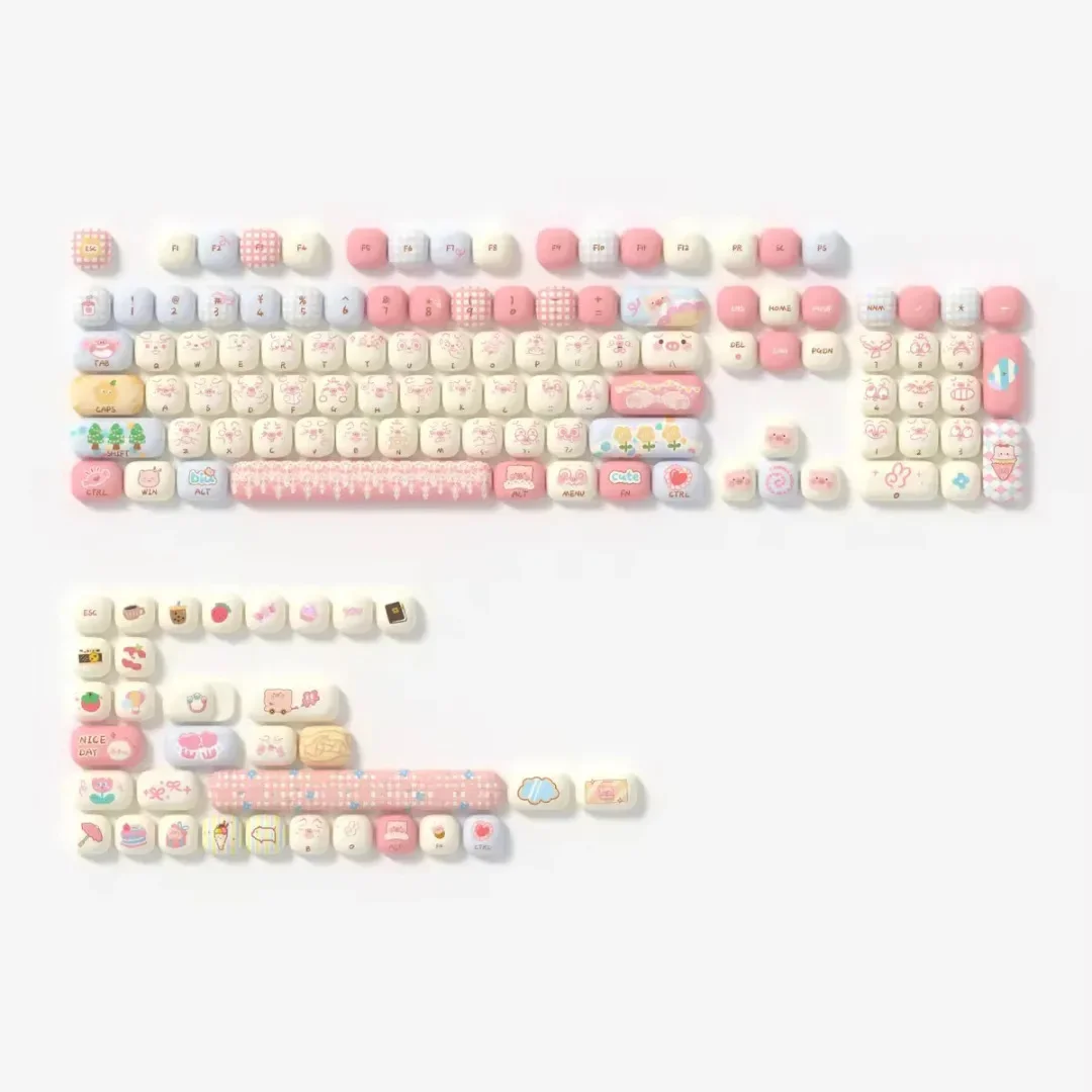 Cute Round Pig Party Keycap 2024 New MOG Height PBT Material Mushroom shaped 139keys Alice Layout Keycap 6.25/7U space key