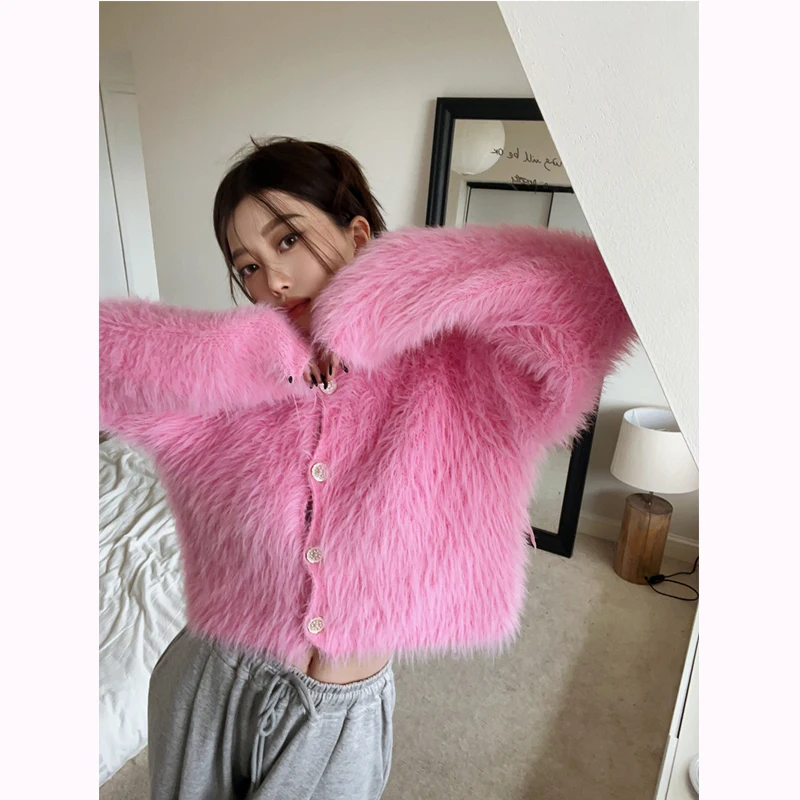 KUSAHIKI Korea Faux Mink Cashmere Knitted Coat Elegant Short Sweater Cardigan Women Autumn Fashion Knitwear Outwear Top 2023 New