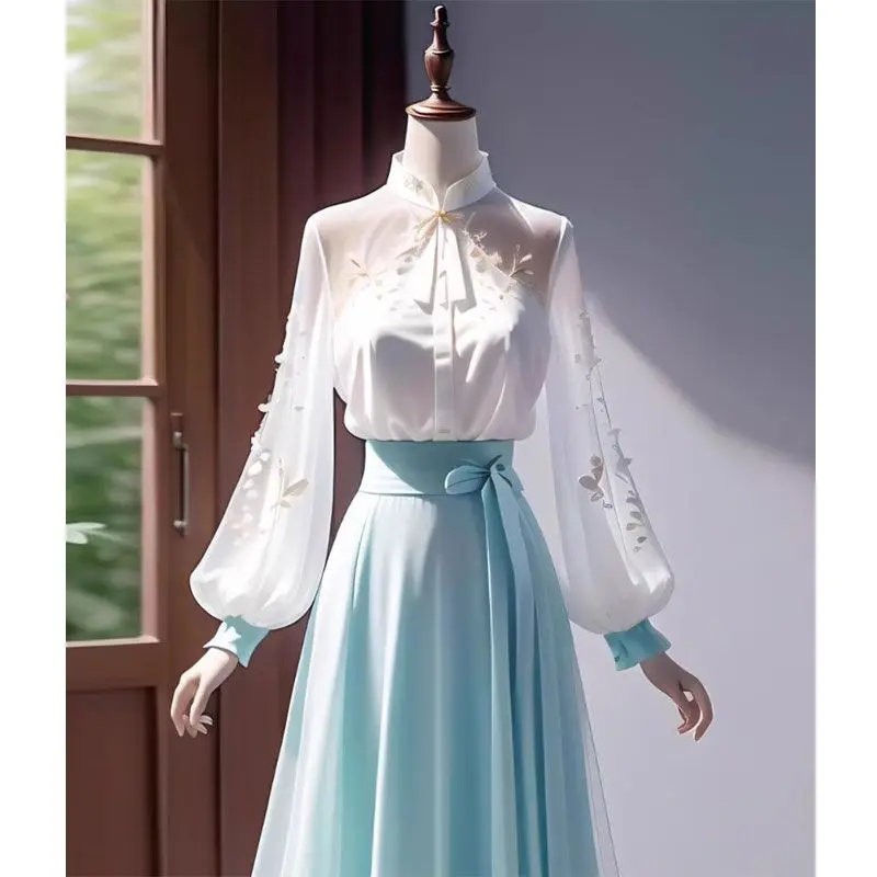 New Chinese Style Dress Set Women's Clothing Chinese Style Temperament Dressing Set Small Fragrant White Top Two-piece Skirt Set