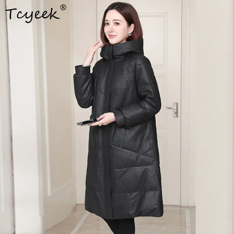 Tcyeek 리얼 양가죽 가을 겨울 트렌디 후드 블랙 롱 여성용 천연 가죽 재킷 여성용 진짜 가죽 재킷