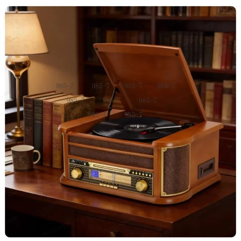 Retro Vinyl Record Player, AM/FM Radio, USB Recorder, Bluetooth Turntable Supporting CD and Cassette Playback