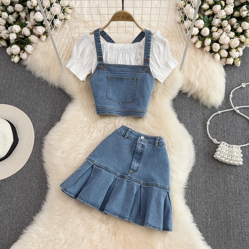 

Fashion Summer Suit Women's Denim Spaghetti Strap Vest+Solid Off Shoulder Top+High Waist Mermaid Slim Mini Skirt Three Piece Set