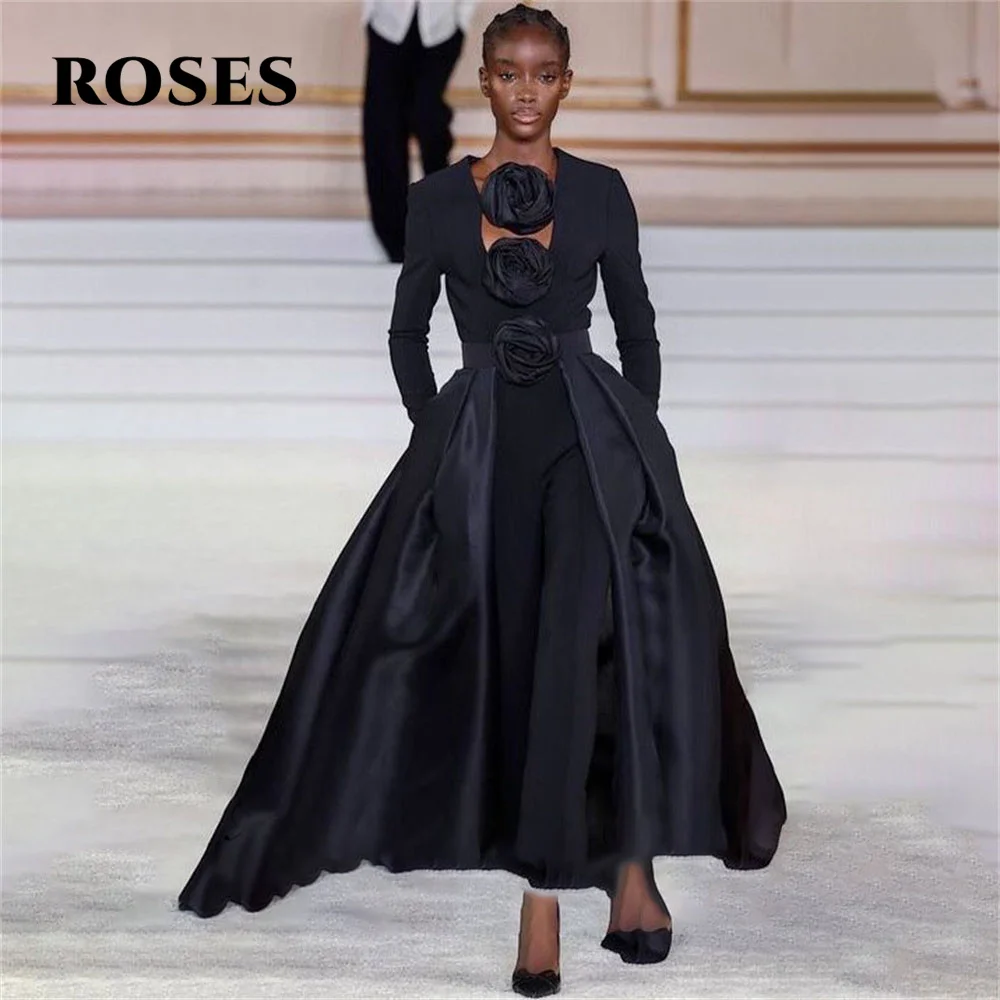 

ROSES Black Soft Stain A Line Formal Dress Regular Full Sleeve Party Dresses 3D Flower Special Occasion Dresses Customized
